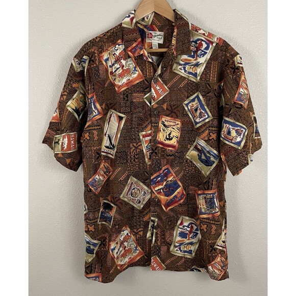 Hilo Hattie Mens L Brown Picture Frame Print Hawaiian Classic Button Down Shirt - Picture 1 of 4